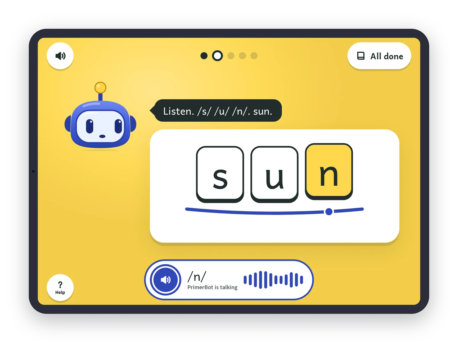 Child app on iPad: PrimerBot models the sounds in “sun”