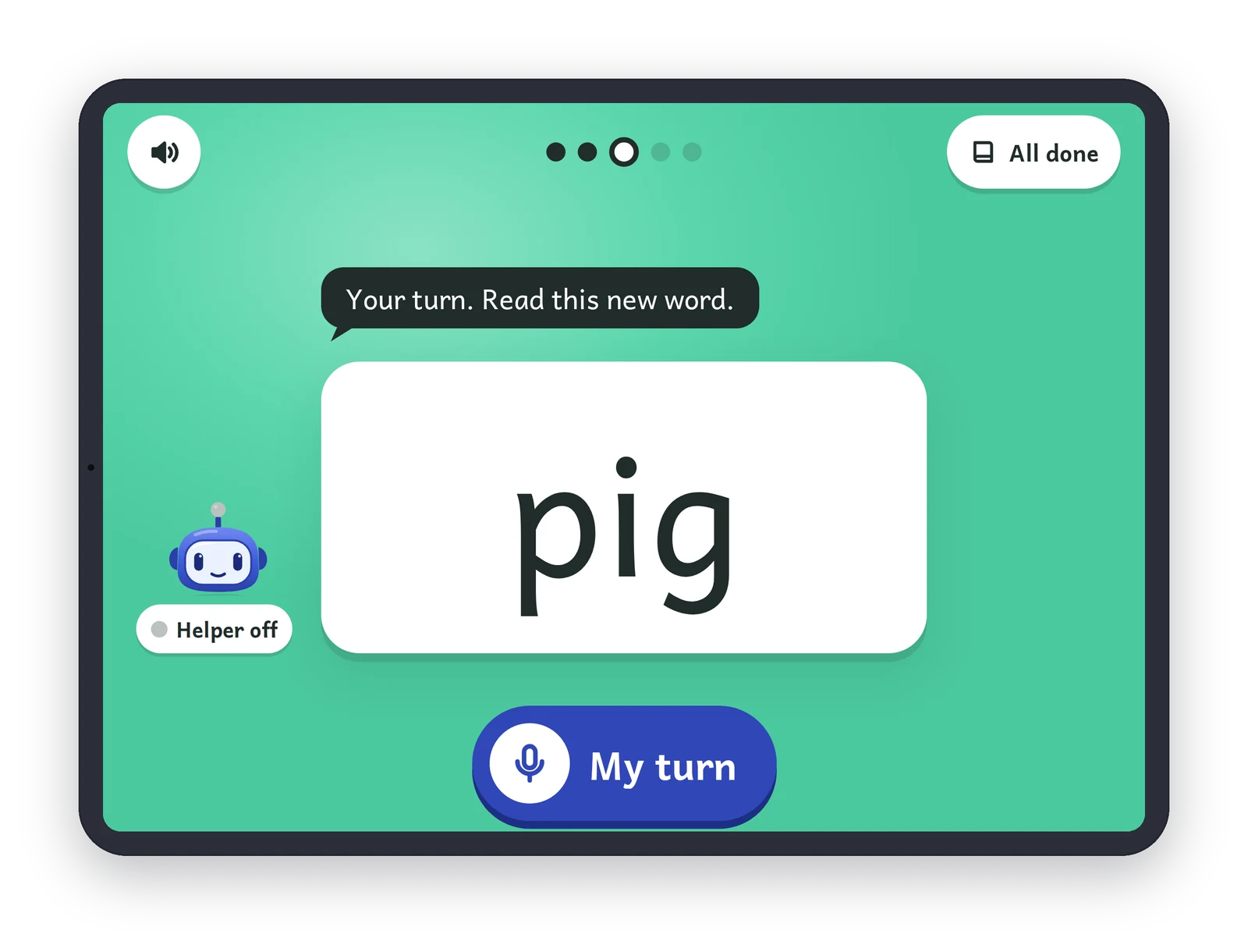 Child app on iPad: your turn to read the new word “pig” with the helper off