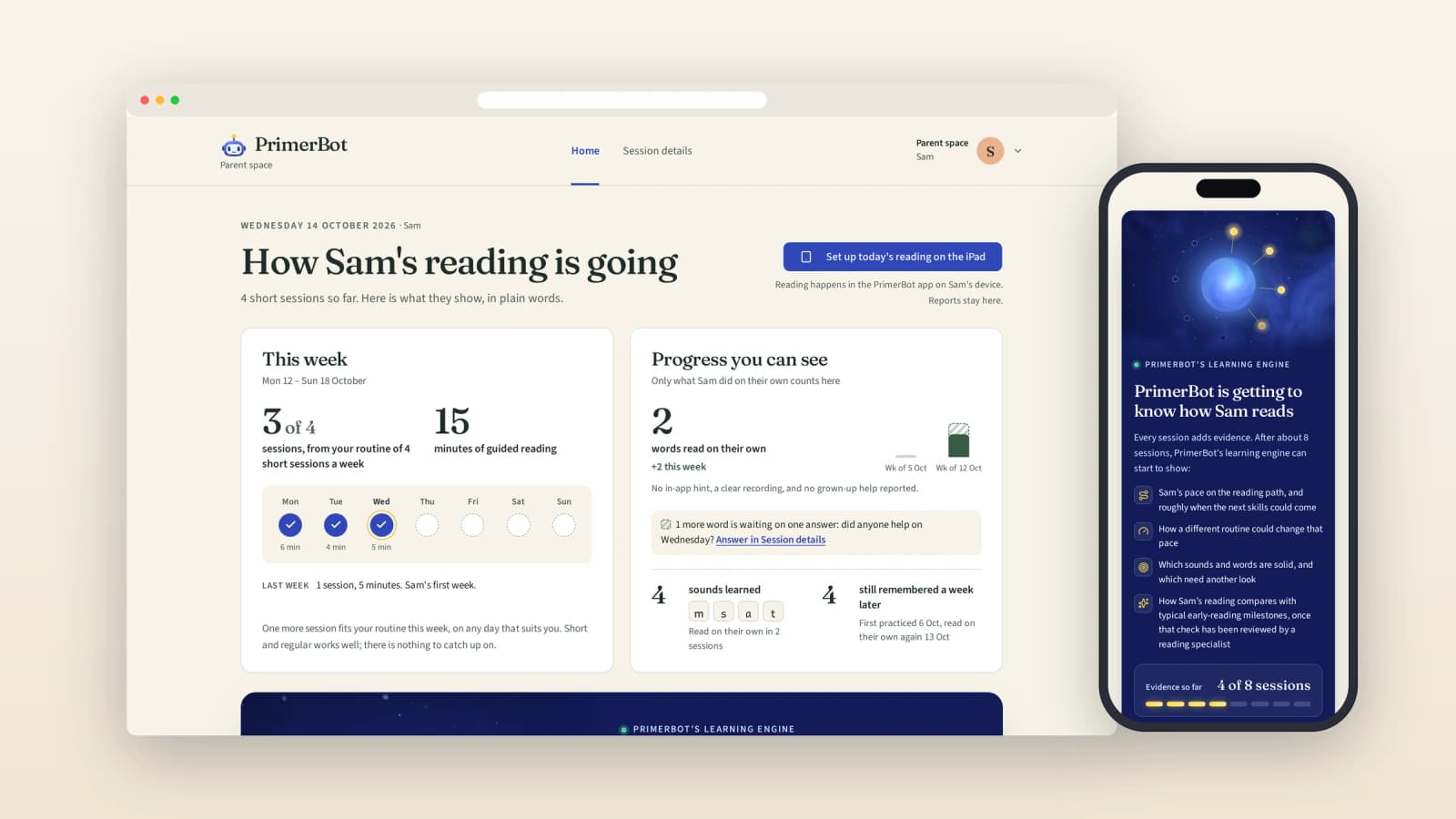 PrimerBot parent dashboard prototype on desktop and iPhone: this week’s sessions, progress you can see, and the learning engine